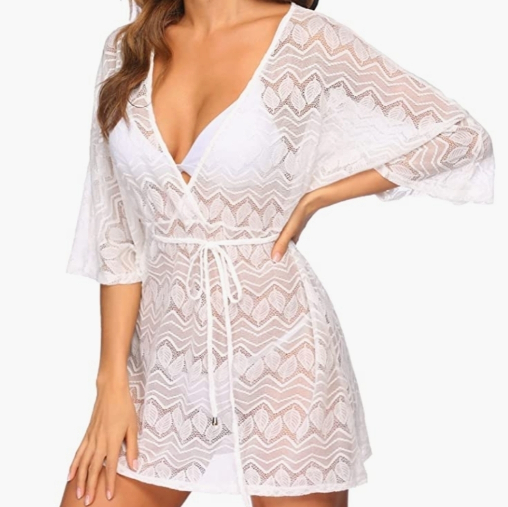 Hotouch White Leafy Lace Swimsuit Cover-up Size M